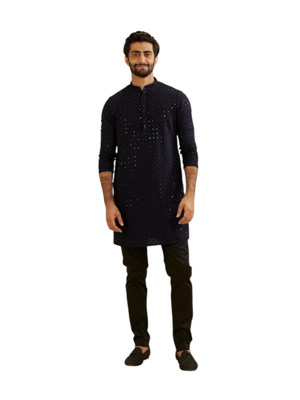 Manyavar Mens Viscose Embroidery|Sequins Work Kurta Set (Blue,XXL)