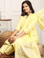 Ishin Women Yellow Cotton Kurta Set With Dupatta