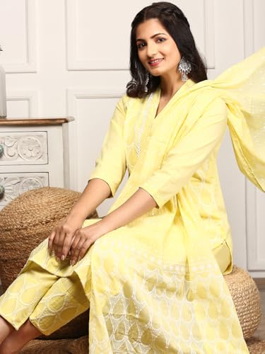 Ishin Women Yellow Cotton Kurta Set With Dupatta