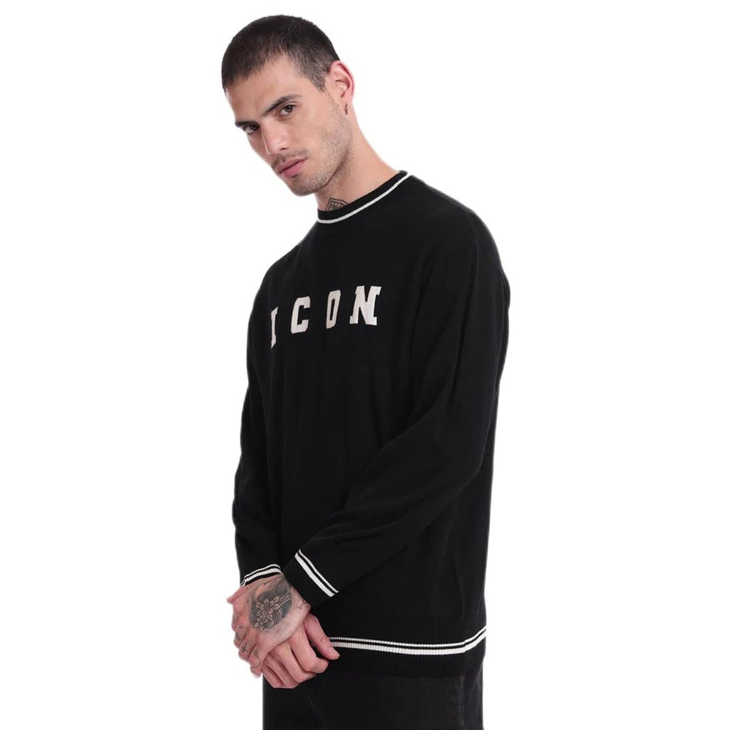 Bewakoof Mens Typography Oversized Fit Full Sleeve Round Neck Acrylic Sweater