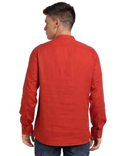 Turtle Men 100% Cotton Brick Red Solid Slim Fit Casual Kurta Shirt