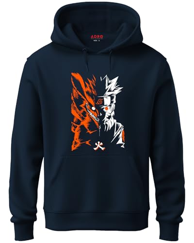 ADRO Mens Hoodies with Naruto Uzumaki Anime Printed, 100% Cotton 340GSM Warm & Soft Fabric. (H23-M-NRR-NB_Navy_XL)