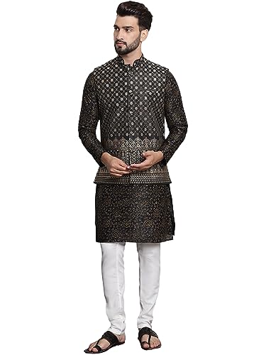 Sojanya (Since 1958 MenS Silk Blend Print Black Kurta And Cream Pyjama With Black Nehru Jacket