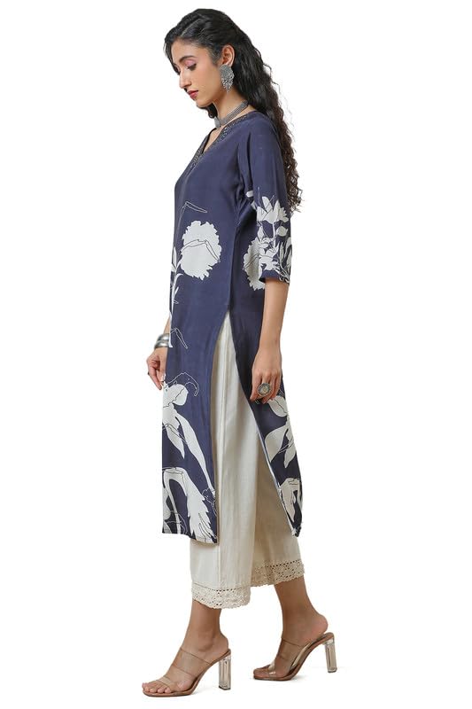 Soch Womens Navy Blue Botanical Print Viscose Muslin Kurta