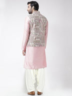 Kisah Men Pink Kurta With Pyjamas With Nehru Jacket, Full Sleaves, Knee Length, Straight, Regular Fit, Mandarin Collar Ethnic We