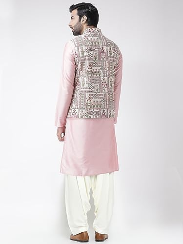 Kisah Men Pink Kurta With Pyjamas With Nehru Jacket, Full Sleaves, Knee Length, Straight, Regular Fit, Mandarin Collar Ethnic We