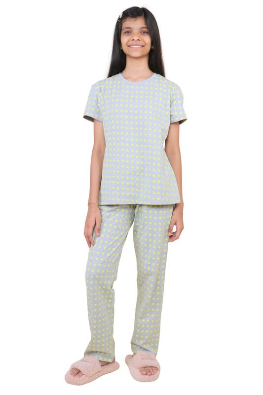 Tweeny Mini Night Dress for Kids Girls | Pure Cotton Summer Nightwear | Heart Printed Half Sleeves TShirt & Pyjama Nightsuit Co 13-14