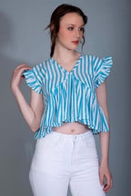 Leriya Fashion WomenS Western Crop Tops | Fancy Stripped With Ruffle Sleeves | Button Down Lightweight Cotton For Girls | Suita