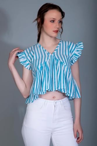 Leriya Fashion WomenS Western Crop Tops | Fancy Stripped With Ruffle Sleeves | Button Down Lightweight Cotton For Girls | Suita