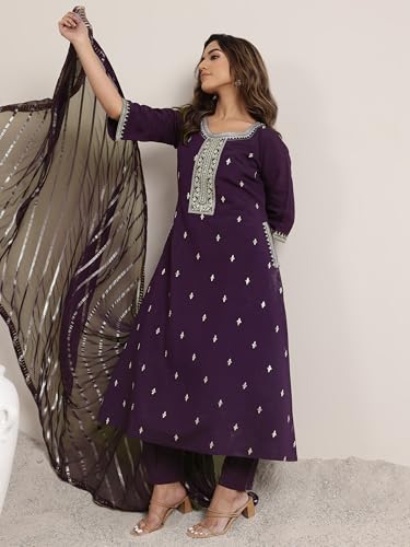 Libas Gerua Womens Embroidered Silk Blend A-Line Kurta With Trousers And Dupatta