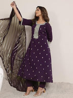 Libas Gerua Womens Embroidered Silk Blend A-Line Kurta With Trousers And Dupatta