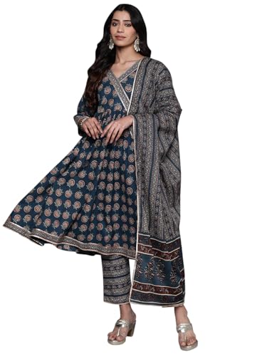 Libas Blue Printed Cotton Anarkali Kurta With Trousers & Dupatta