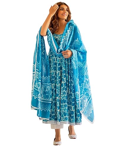 GoSriKi Womens Cotton Blend Floral Regular Kurta with Pant & Dupatta (Kalishta Sky Blue-GS XL)