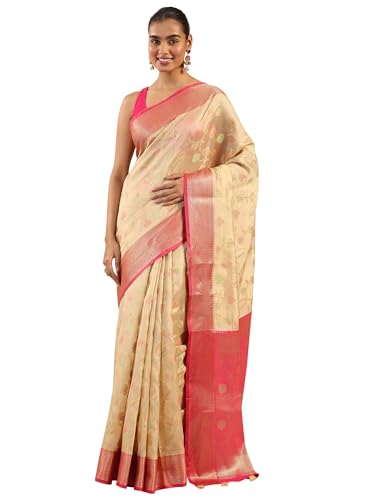 Beige Woven Design Banarasi Silk Saree With Unstitched Blouse Piece