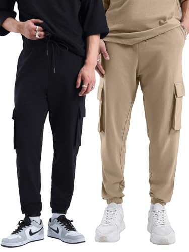 Bewakoof Air 1.0 MenS Solid Oversized Fit Terry Cargo Joggers(Pack Of 2)_A4-552880-552891_Black & Brown_M