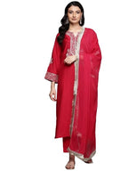 Varanga Women Fuchsia Pink Zari Embroidered Sequins Embellished Kurta Set With Dupatta