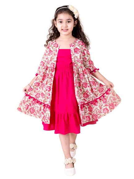 Pspeaches Girls Magenta White Floral A-Line Cotton Below The Knee Dress with Attached Shrug (Pink-10-12Y)