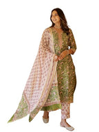 NAINVISH Womens Viscose Rayon Printed Straight V-Neck Kurta Pant with Dupatta (SD700_KBD-L_Green)