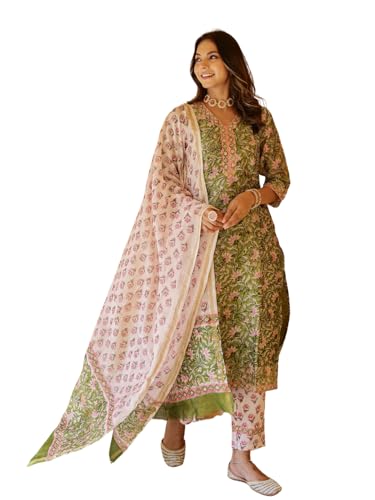 NAINVISH Womens Viscose Rayon Printed Straight V-Neck Kurta Pant with Dupatta (SD700_KBD-L_Green)