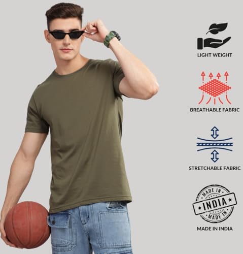 ADRO Men's Solid Regular Fit T-Shirt (RCM3-PLN-OL-WH-GR_Olive,White,Grey