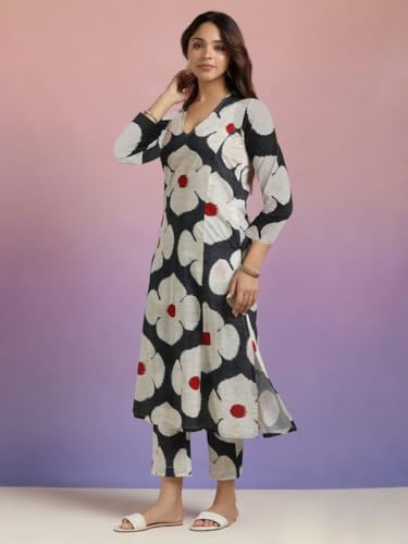ANNI DESIGNER Womens Cotton Blend Straight Printed Kurta with Pant (Chunilal White_M_White_Medium)