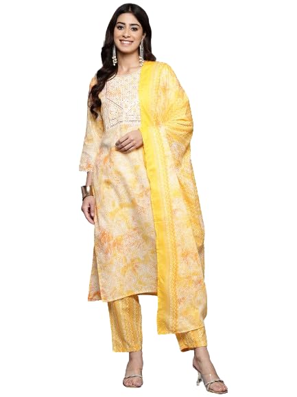 Varanga Women Yellow Printed Round Neck Yoke Embroidered Straight Kurta With Bottom And Dupatta