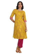 W For Woman Marigold Yellow Floral Printed Straight Shantung Kurta And Pants Set (Size: M)-Ws19962-122247