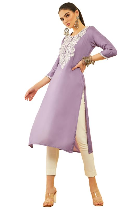 Soch Women Solid with Yoke Embroidered Straight Muslin Kurta