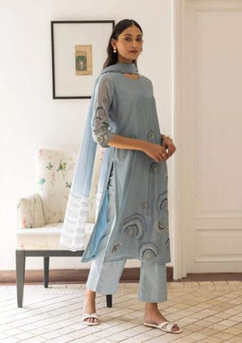ANNI DESIGNER Womens Rayon Viscose Printed Straight Kurta with Pant & Dupatta (Gana Blue_XXL_Blue_XX-Large)