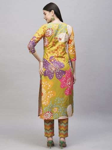ANNI DESIGNER Womens Cotton Blend Straight Printed Kurta with Pant (Wahida Yellow-NW_S_Yellow_Small)