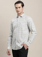 Turtle Men Cotton Tencel Slim Fit Grey Printed Full Sleeve Casual Shirt