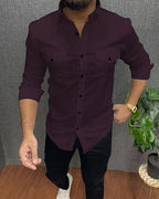 Rebelify Double Pocket With Flap Men Cargo Cotton Shirt Purple