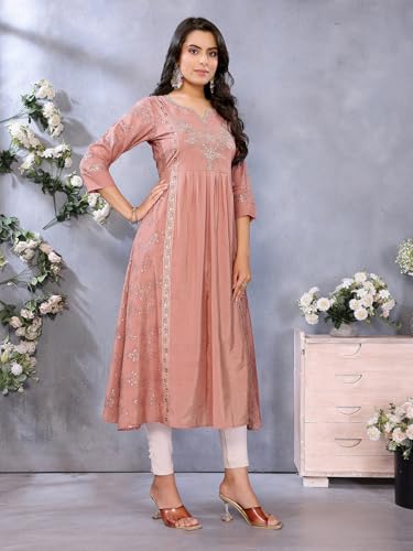 Rangita Peach Viscose Poly Anarkali Printed Calf Length Kurti | Kurta For Women