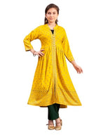 Aarika Girls Ethnic Wear Yellow-Dark Green Colour Foil Print Rayon Kurti Pant Set-8-15 Years (Kp-Sd-5826)