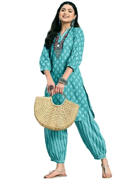 LookMark Womens Trendy Printed Cotton Blend Straight Kurta and Afghani Pant Set Perfect For Casual and Office Wear (AZ-LM-OG-KS