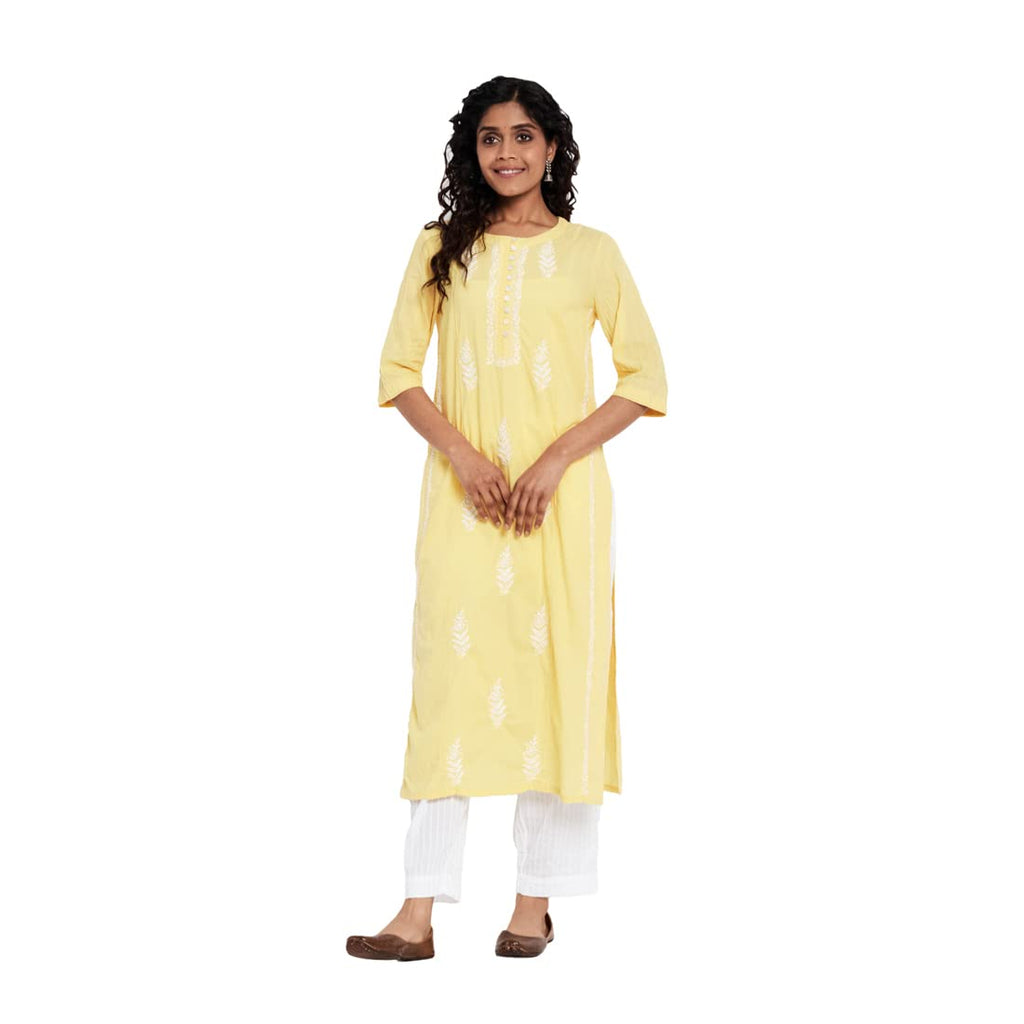 Fabindia Women Cambric Chikankari Slim Fit Long Kurta Cotton_White