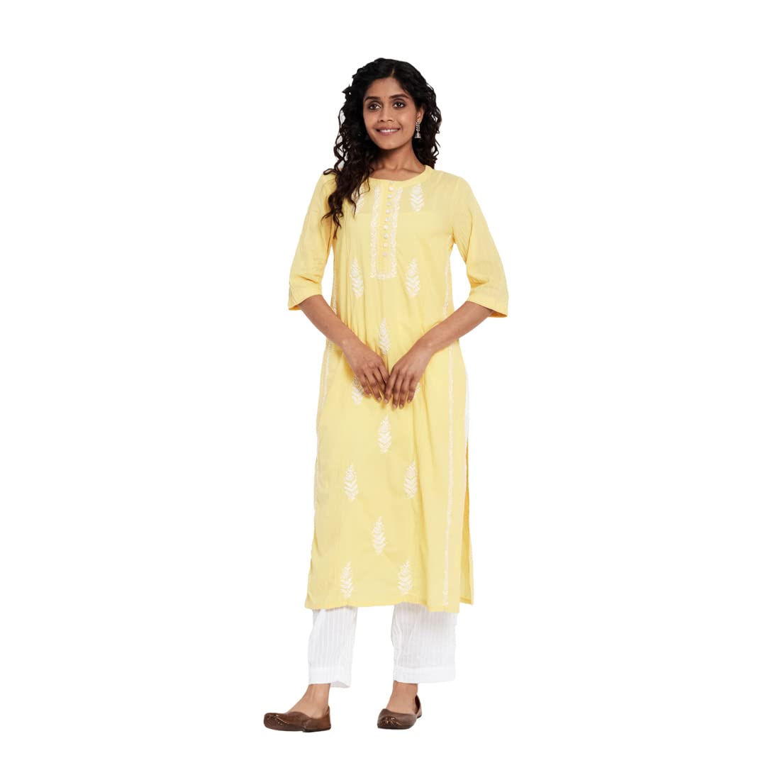 Fabindia Women Cambric Chikankari Slim Fit Long Kurta Cotton_White