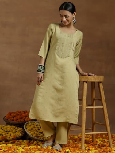 Libas Gerua Womens Embroidered Silk Blend Straight Kurta With Trousers
