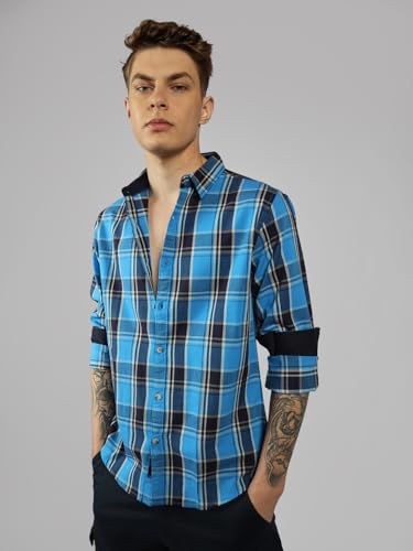 Dennis Lingo MenS| Blue| Full Sleeve| Spread Collar| Checkered| Relaxed Fit| Casual Shirt