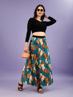 Kzully | Stylish And Beautiful Floral | Floral Pleated Maxi Skirts For Women | Long Skirts Elastic Waist Orange