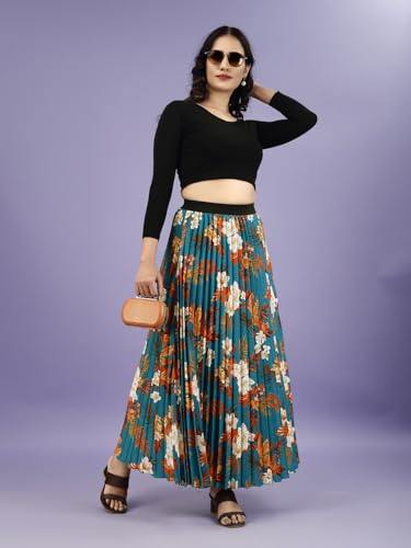 Kzully | Stylish And Beautiful Floral | Floral Pleated Maxi Skirts For Women | Long Skirts Elastic Waist Orange