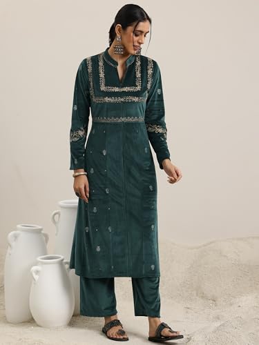 Libas WomenS Velvet Embroidered Kurta Set (48791W_Green