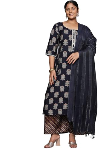 Libas Plus Size Womens Printed Silk Blend Straight Kurta With Palazzos And Dupatta