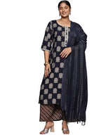Libas Plus Size Womens Printed Silk Blend Straight Kurta With Palazzos And Dupatta