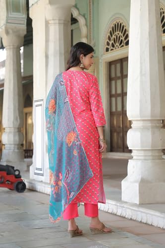 ANNI DESIGNER Womens Cotton Blend Straight Printed Kurta with Pant & Dupatta (Foolkiran Pink_XL_Pink_X-Large)