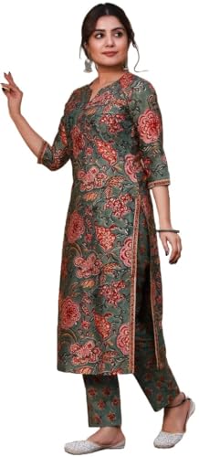 LookMark Womens Latest Printed Cotton Blend Straight Kurta and Pant Set (AZ-LM-OG1-KS2159-L) Multicolour