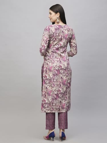 ANNI DESIGNER Womens Cotton Blend Straight Printed Kurta with Pant (Seep Purple-NW_M_Purple_Medium)