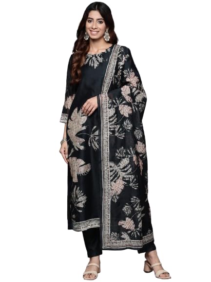Varanga WomenS Round Neck Floral Printed Embroidered Kurta Paired With Solid Bottom And French Knot Embroidered Dupatta