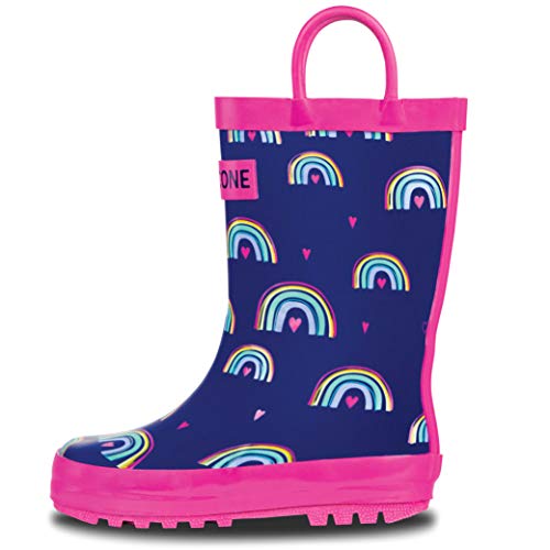 Lone Cone Rain Boots with Easy-On Handles in Fun Patterns for Toddlers and Kids, Hearts and Rainbows, 12 Little Kid