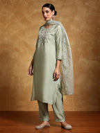 Varanga Women-Thread & Sequin Embroidered Yoke Kurta With Trouser & Scallop Dupatta